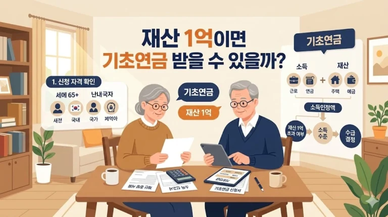 기초연금 재산 기준 확인하는 60대 부부 일러스트 – 소득인정액 계산 개념도