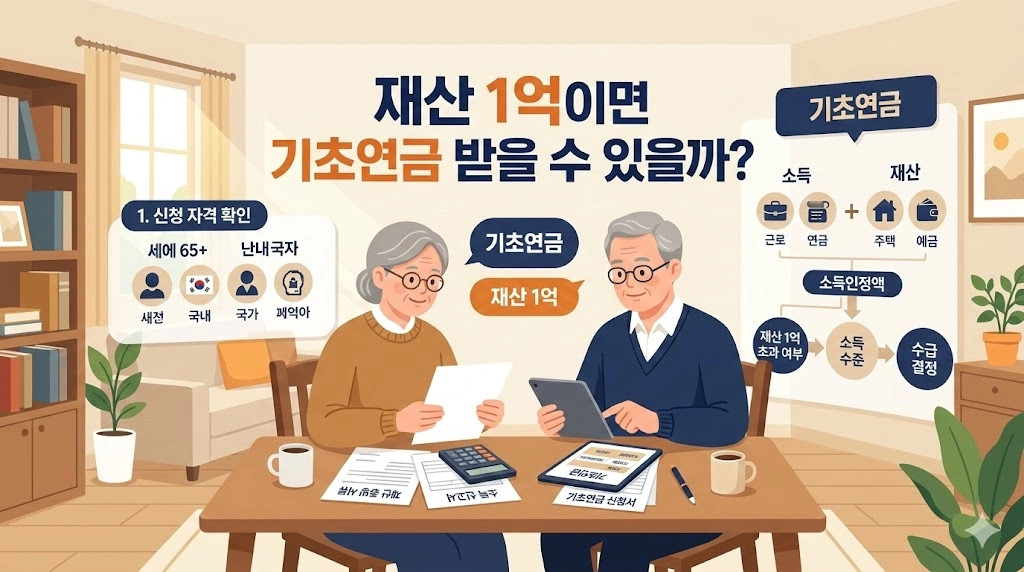기초연금 재산 기준 확인하는 60대 부부 일러스트 – 소득인정액 계산 개념도