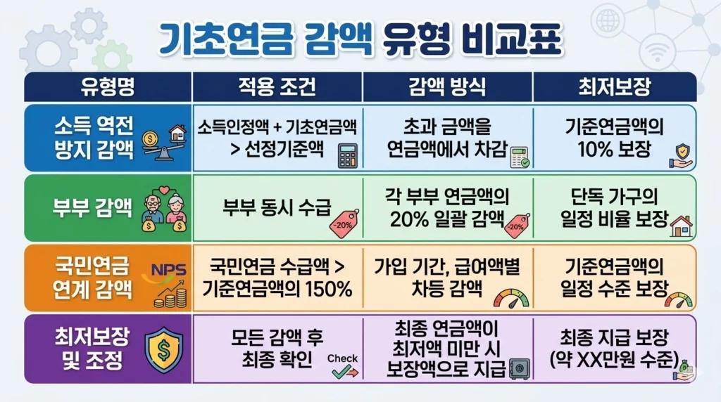 기초연금 4가지 감액 유형 비교 표 - 소득역전방지, 부부감액, 국민연금 연계감액, 최저연금액 보장