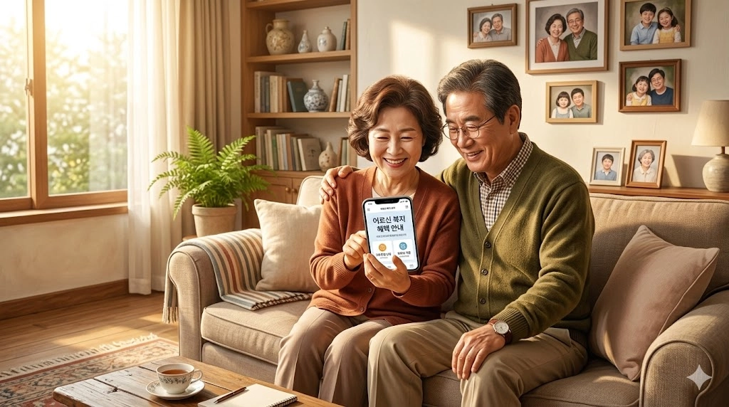 노부부가 스마트폰으로 기초연금 수급 여부를 확인하는 모습