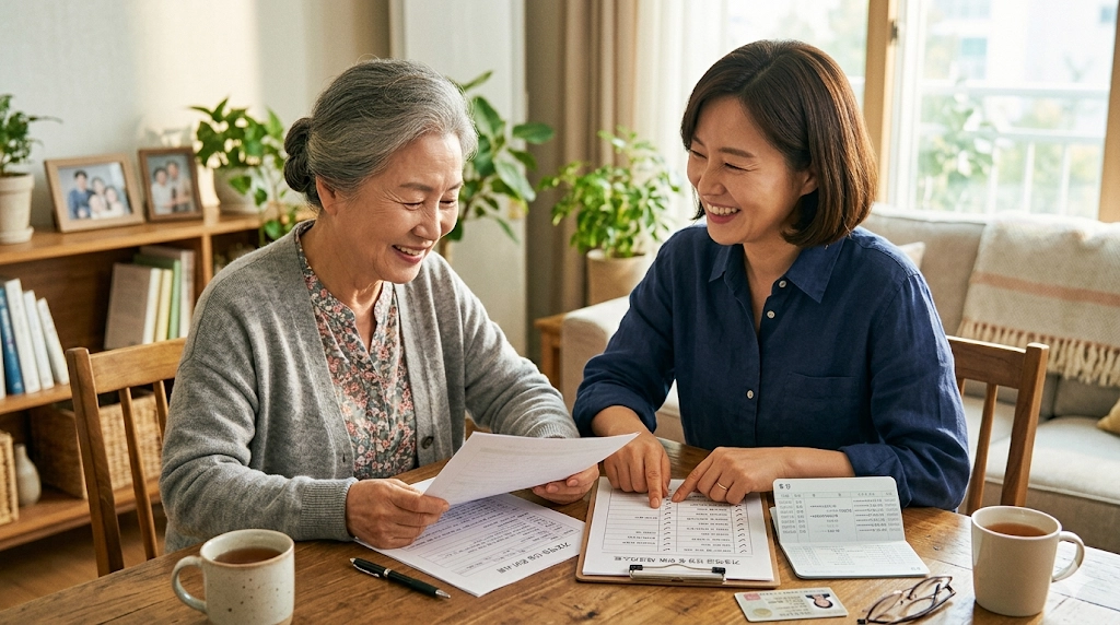 기초연금 신청 서류를 준비 완료한 부모님과 자녀