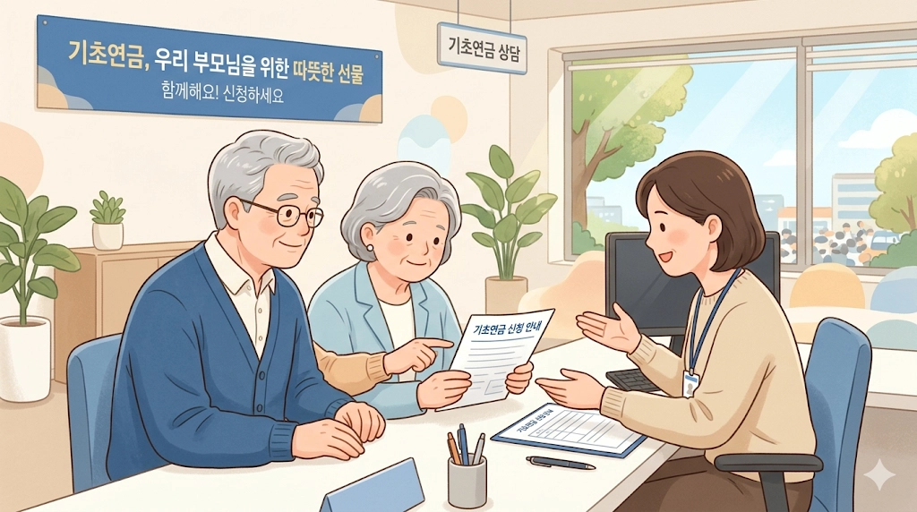 자녀가 부모의 기초연금 신청을 함께 도와주는 따뜻한 안내 이미지