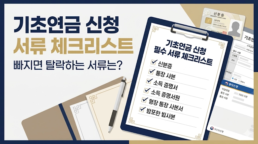 기초연금 신청 서류 체크리스트 - 클립보드와 신분증, 통장 사본이 놓인 책상