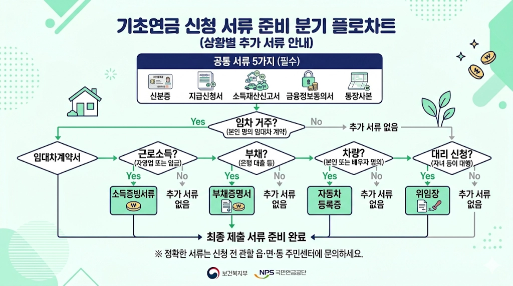 기초연금 신청 서류 상황별 분기 플로차트 - 임차 근로소득 부채 차량 대리신청 케이스별 추가 서류