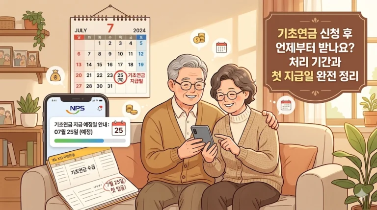 기초연금 첫 지급일 확인하는 시니어 부부 일러스트