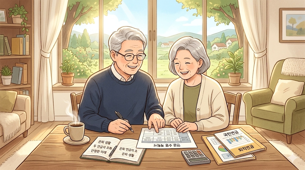 은퇴 후 기초연금과 국민연금을 함께 수령하며 안정적인 노후를 준비하는 부부 이미지