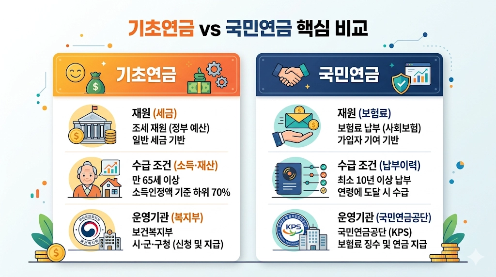 기초연금과 국민연금의 재원, 수급 조건, 운영기관을 비교한 인포그래픽