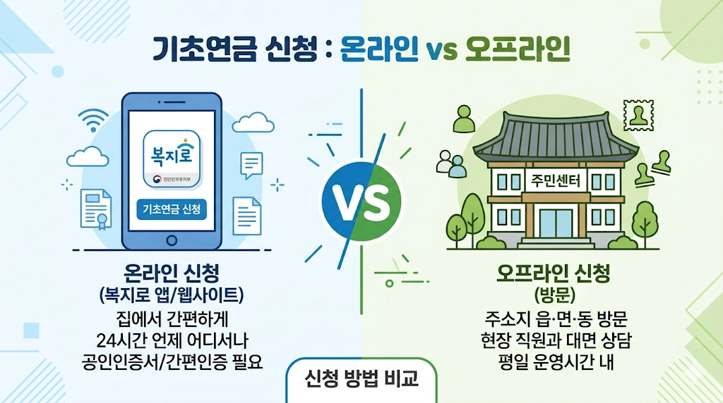 기초연금 신청 방법, 온라인 신청(복지로)과 오프라인 신청(주민센터) 비교 인포그래픽