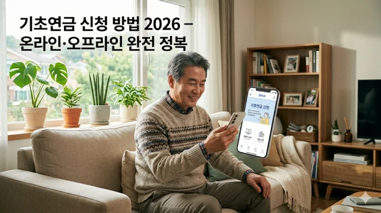 스마트폰으로 기초연금 신청하는 60대 남성 – 2026년 온라인 신청 방법 안내