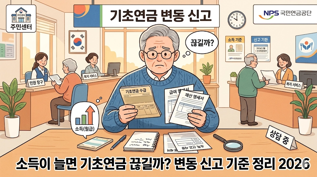 기초연금 소득 변동 신고 기준을 확인하는 노인 일러스트