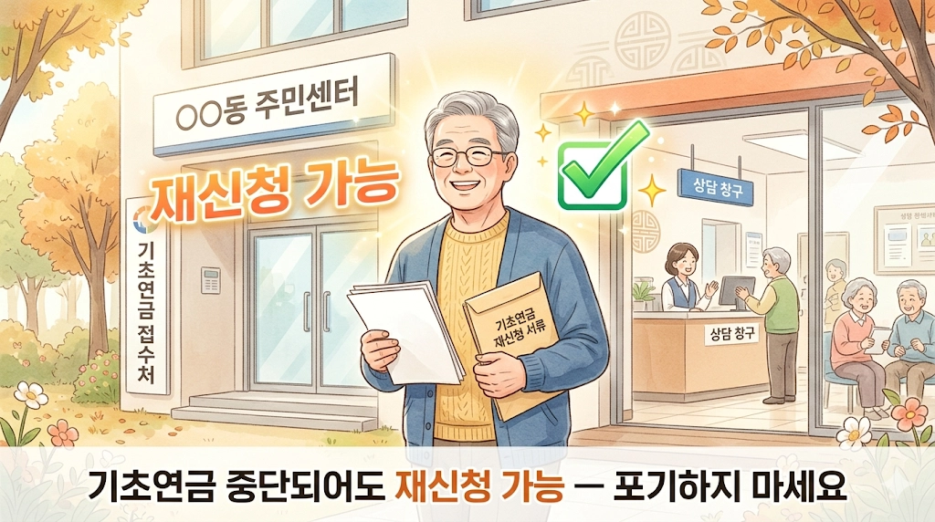 기초연금 수급 중단 후 재신청하는 어르신 일러스트