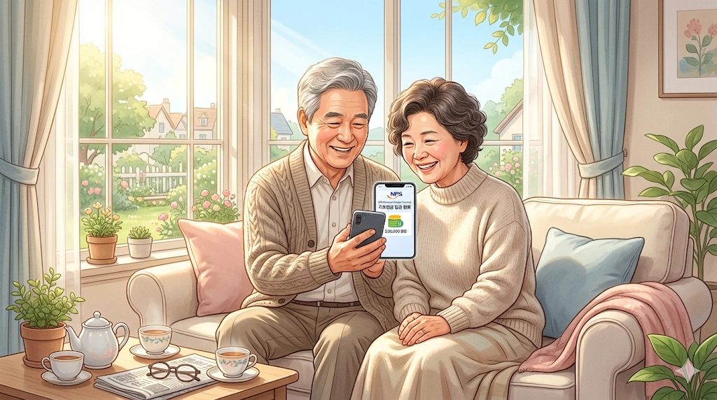 스마트폰으로 기초연금 입금 알림을 확인하는 노인 부부