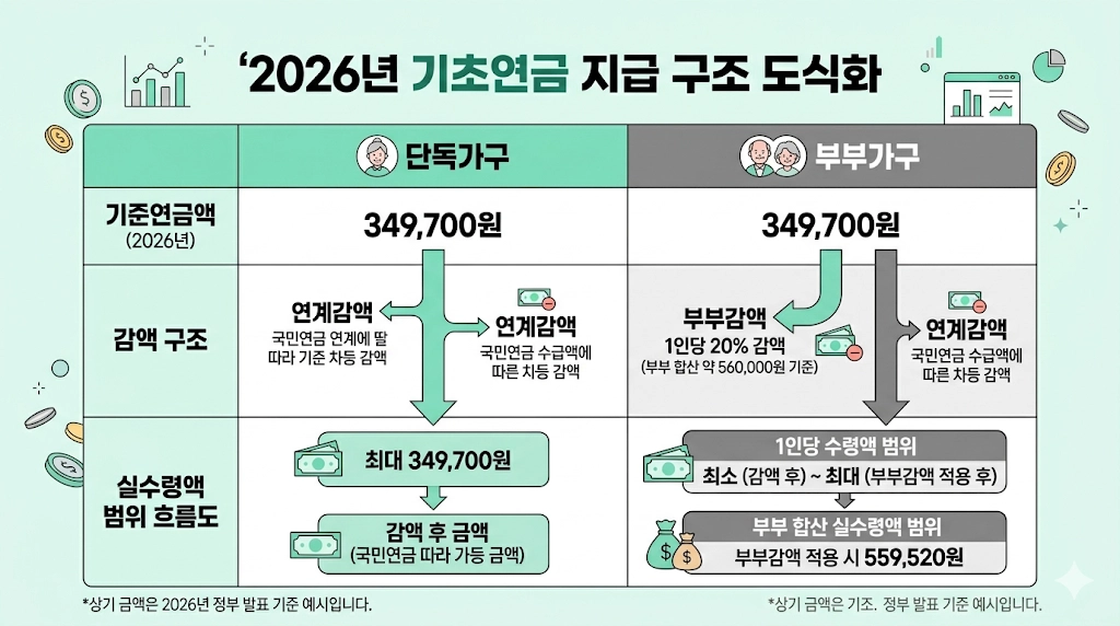 2026년 기초연금 단독가구 부부가구 수령액 비교 도표