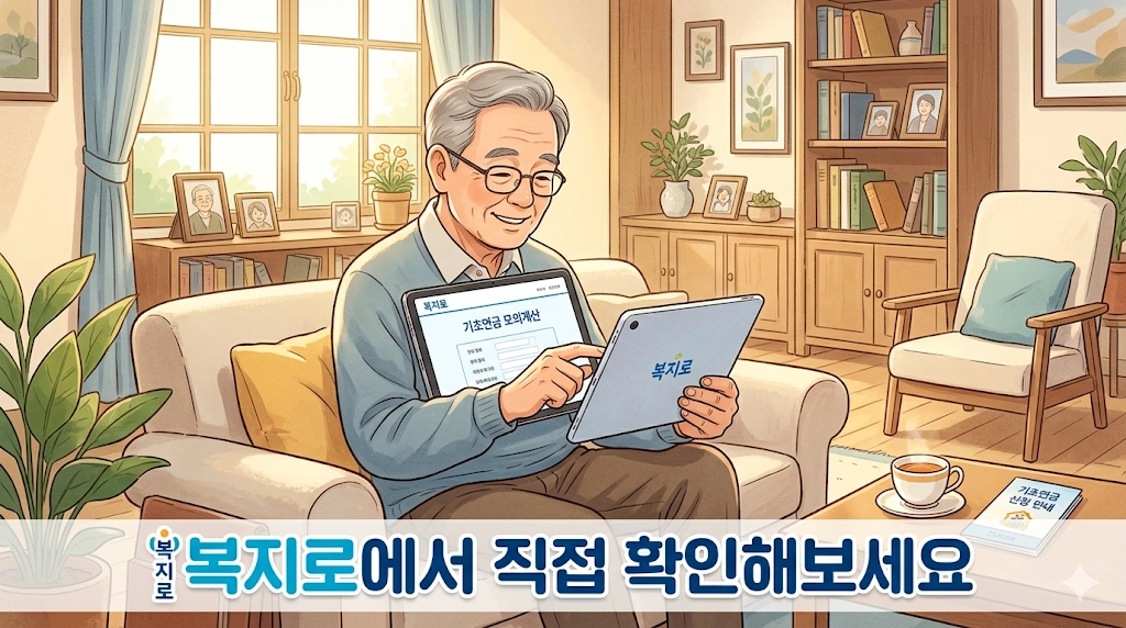 어르신이 복지로에서 기초연금 수급자격 모의계산하는 장면
