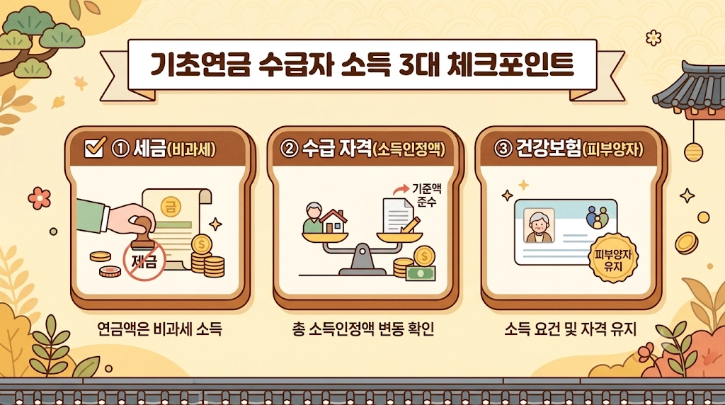 기초연금 수급자 소득 관련 3가지 주의사항 인포그래픽