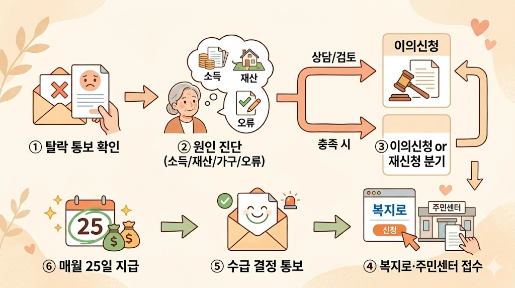 기초연금 탈락 후 재신청 절차 6단계 플로우차트