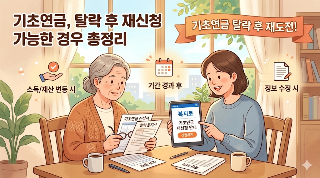 기초연금 탈락 후 재신청을 준비하는 어르신과 자녀