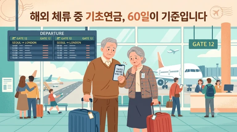 기초연금 해외체류 중 지급 정지 기한인 60일 기준을 확인하는 노인 부부