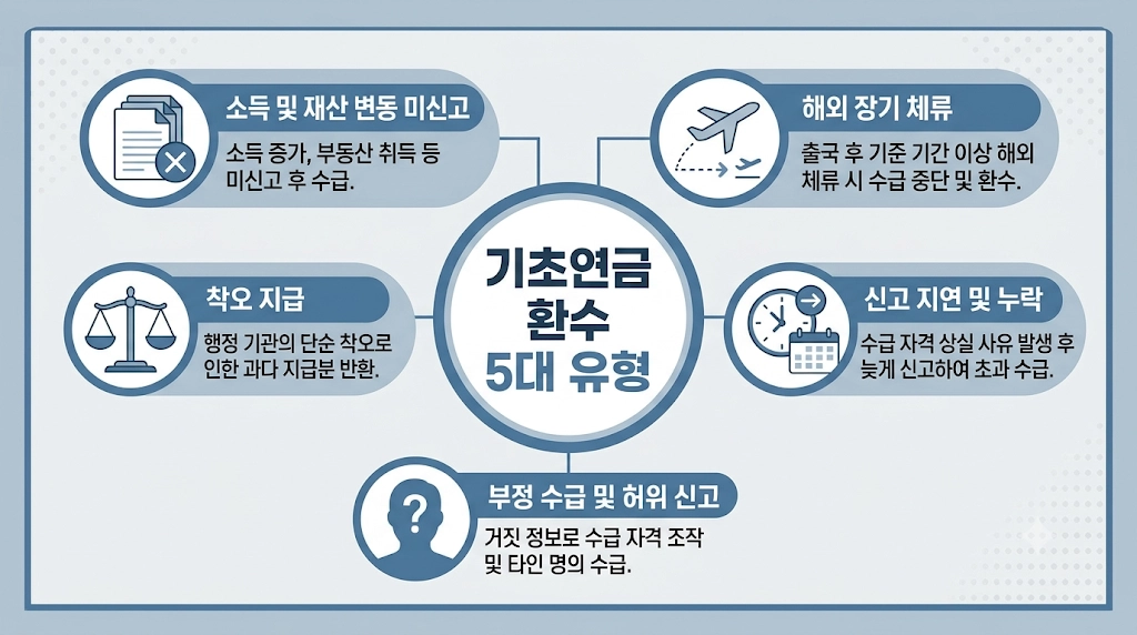 기초연금 환수 사유 5가지 유형 인포그래픽