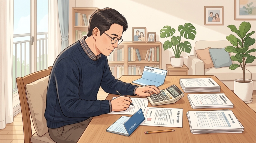 기초연금 소득인정액 계산 사례를 검토하는 중년 남성
