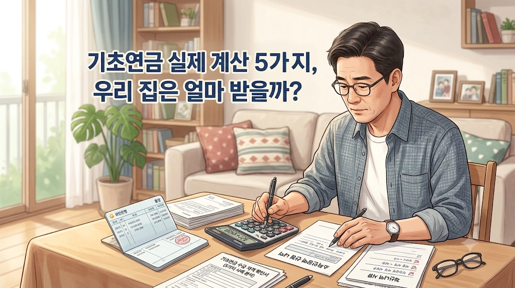 기초연금 실제 계산 사례 5가지를 검토하는 장면