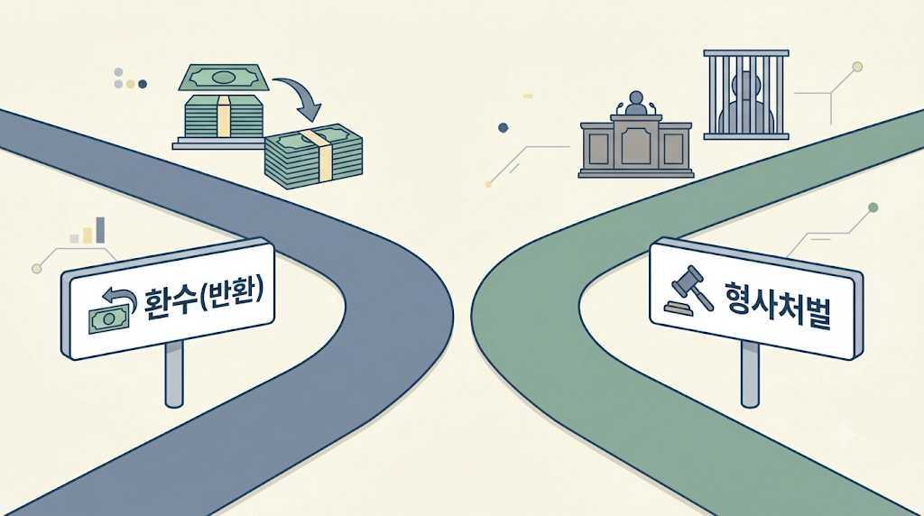 기초연금 부정수급 환수와 형사처벌 절차를 나타낸 갈림길 인포그래픽