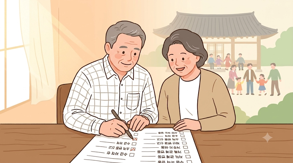 기초연금 신고 의무 체크리스트를 점검하는 중장년 부부 일러스트