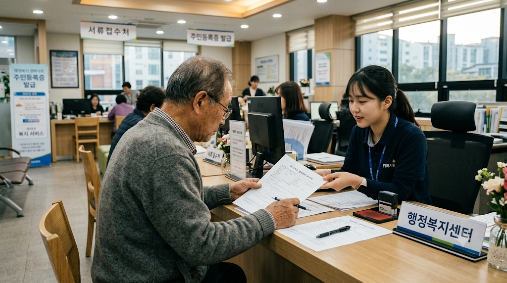 행정복지센터에서 기초연금을 신청하는 모습