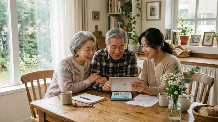 기초연금 수급자 체크리스트를 가족이 함께 확인하는 모습