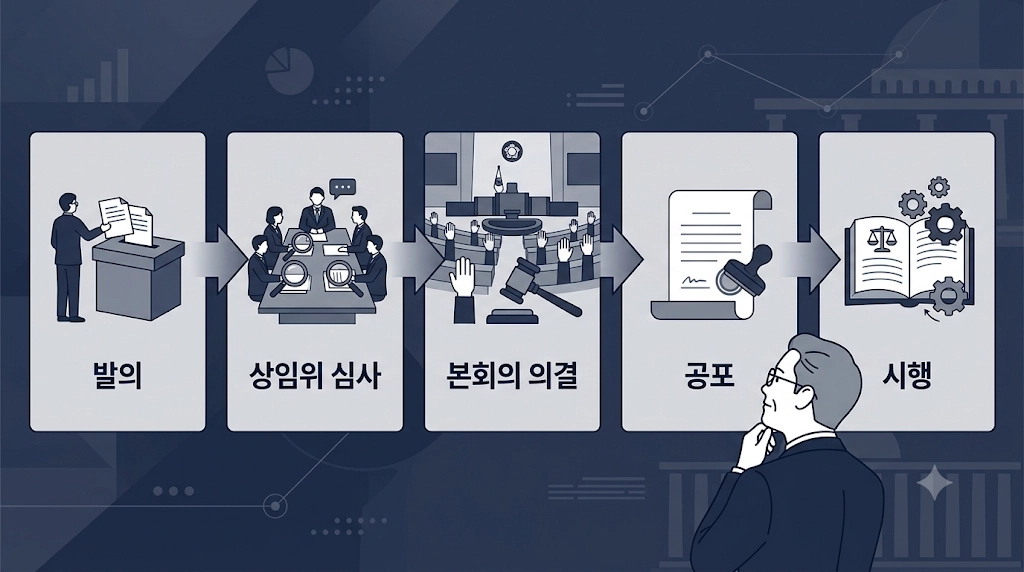 정년 65세 연장 법안의 국회 입법 절차 단계를 보여주는 인포그래픽
