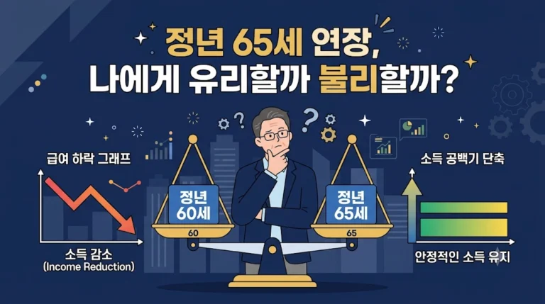정년 65세 연장의 유불리를 저울로 비유한 썸네일 이미지, 4050 쟁점 정리