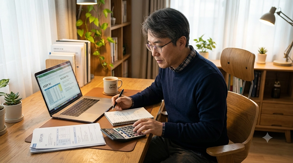 실업급여와 퇴직소득세를 계산하며 판단 기준을 세우는 모습