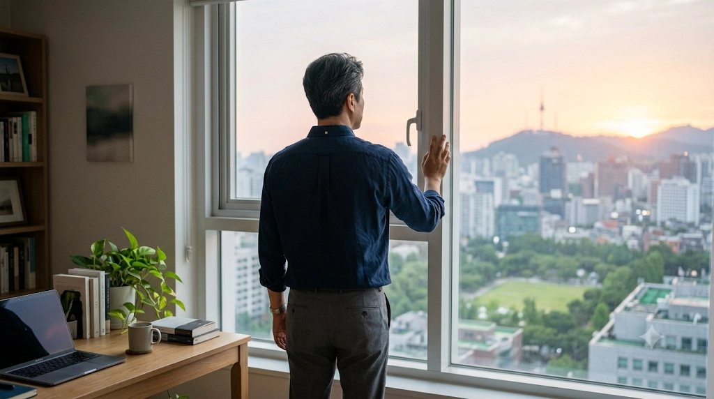 희망퇴직 통보 이후 다음 단계를 준비하며 창밖을 바라보는 모습