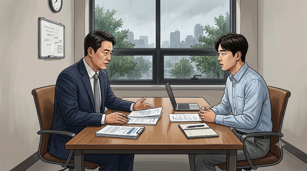 상사와 개별 면담 중인 직장인의 긴장된 모습