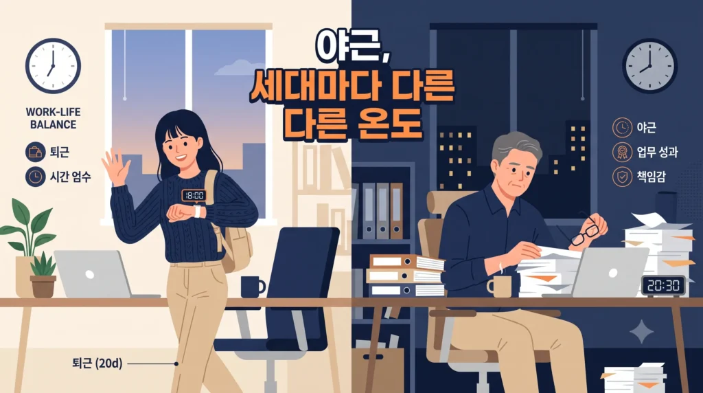 세대별로 다른 야근 및 워라밸 인식을 보여주는 일러스트