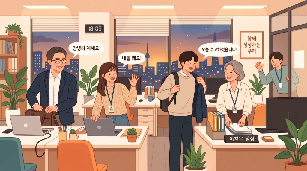 다양한 세대의 직장인들이 정시에 퇴근을 준비하는 모습