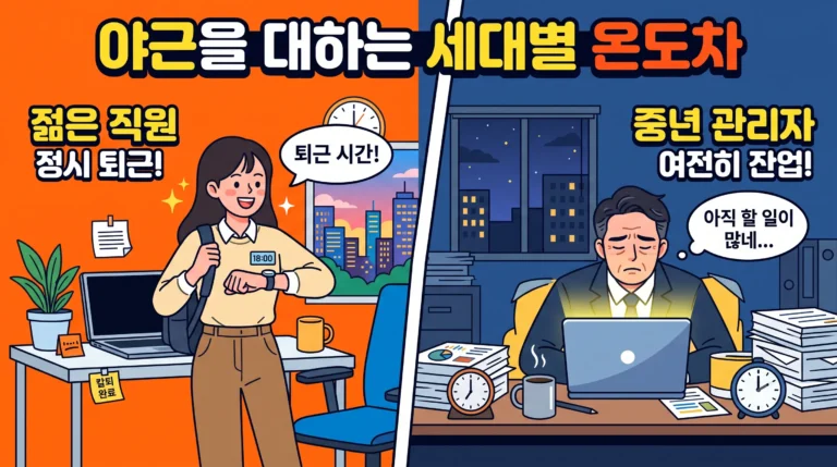 야근을 대하는 야근 세대차이를 보여주는 썸네일 이미지