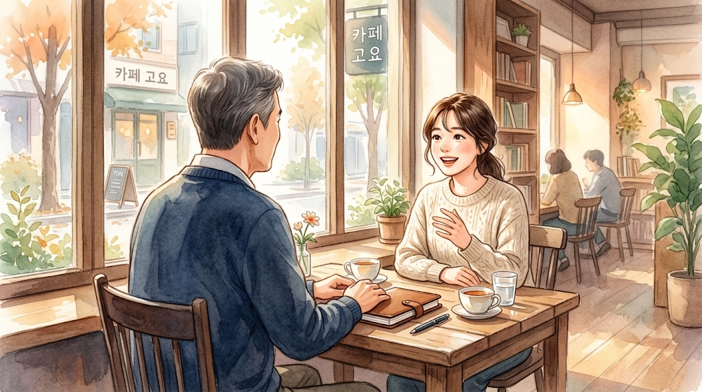 창가 테이블에서 팀원의 이야기에 귀 기울이는 중년 팀장