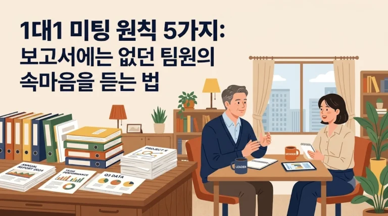 보고서 더미 옆에서 커피를 놓고 대화하는 팀장과 팀원, 1대1 미팅 원칙 5가지 썸네일