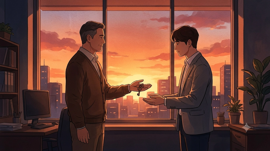 노을이 지는 사무실 창가에서 선배가 후배에게 열쇠를 건네는 장면