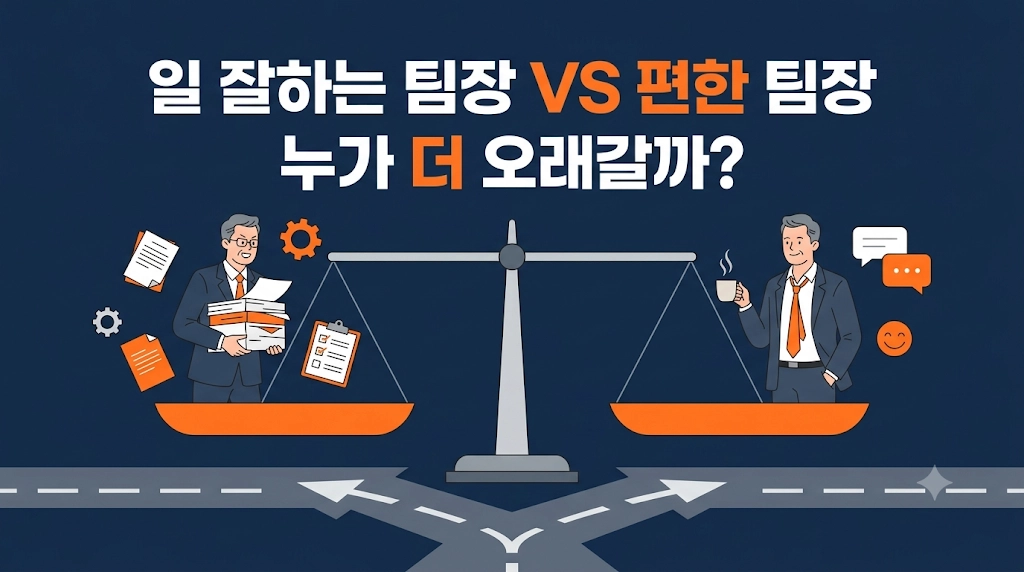 서류를 든 팀장과 커피를 든 팀장이 저울 양쪽에 선 일러스트